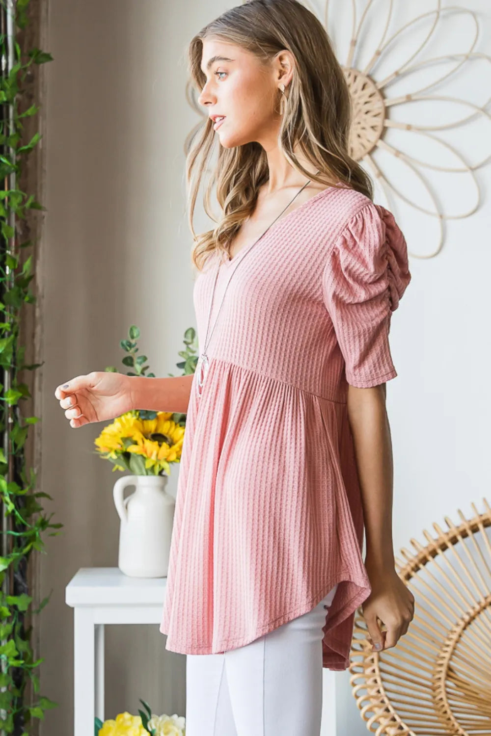 Heimish Full Size Waffle Knit V-Neck Babydoll Top- Rose- Pink
