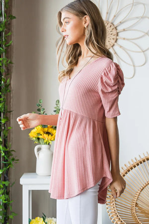 Heimish Full Size Waffle Knit V-Neck Babydoll Top- Rose- Pink