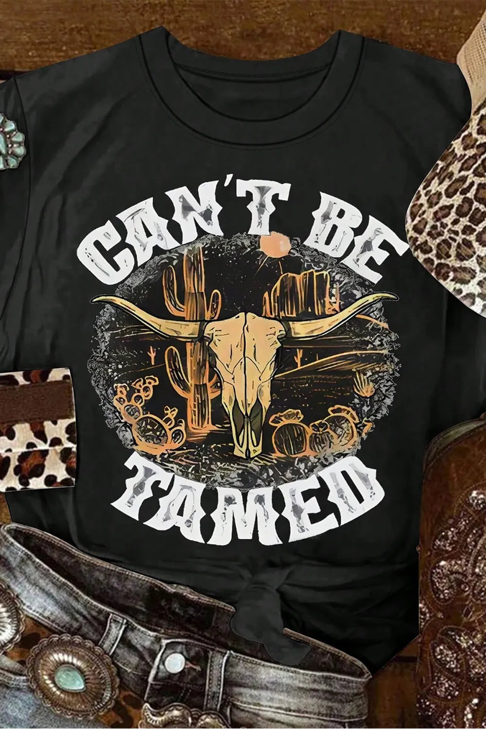 Graphic Round Neck Short Sleeve T-Shirt- Black