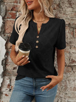 Eyelet Notched Short Sleeve Top- Black