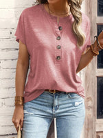 Half Button Short Sleeve Top- Dusty Pink