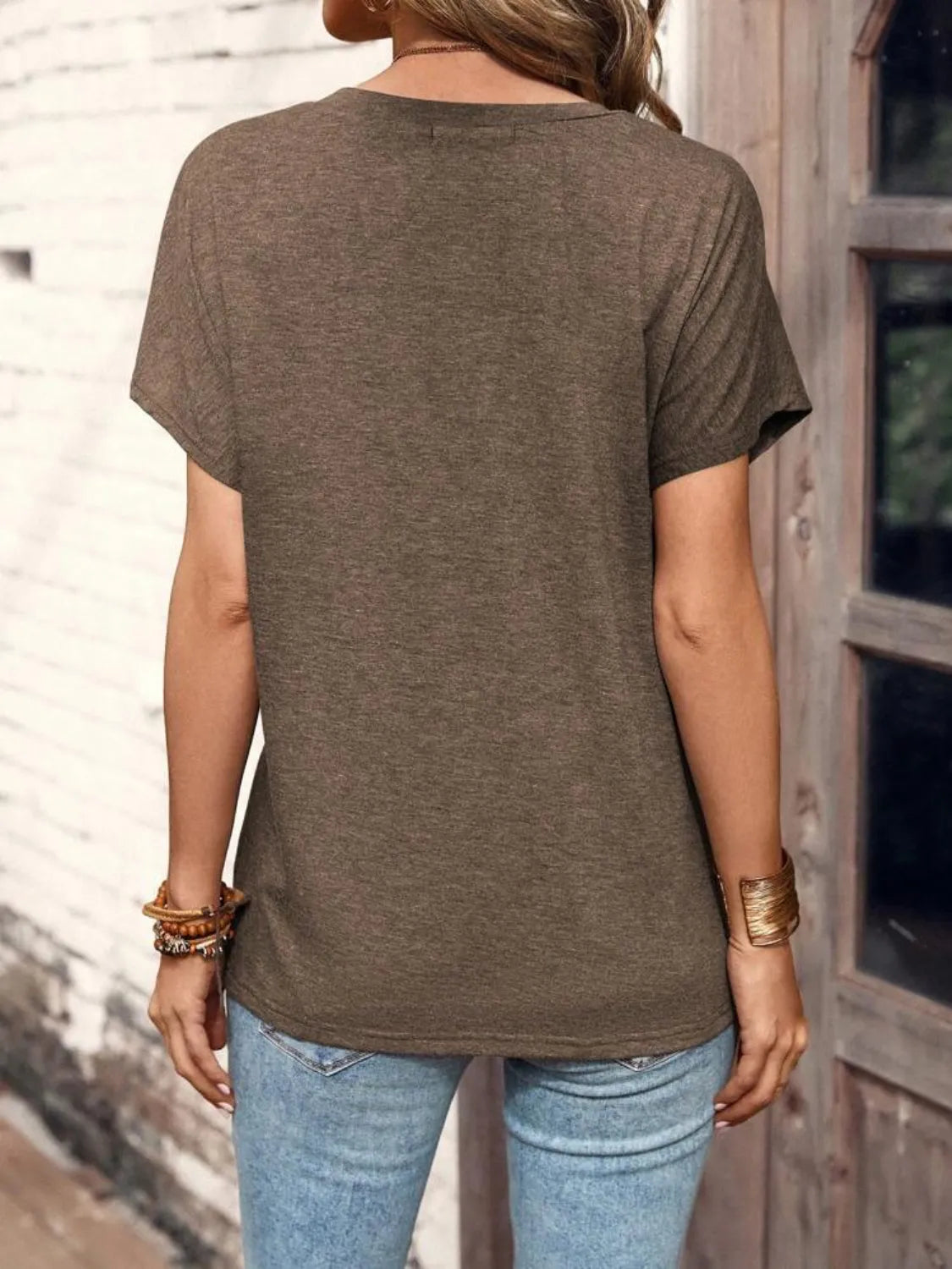 Half Button Short Sleeve Top- Chocolate