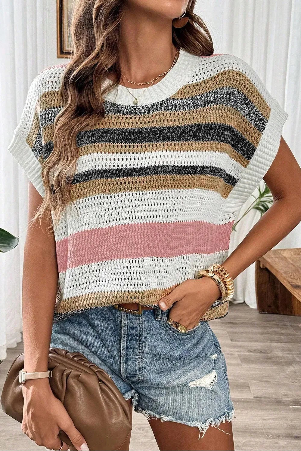Stripe Color Block Eyelet Knit Short Sleeve Knit Top- Dusty Pink