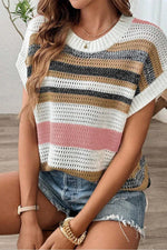 Stripe Color Block Eyelet Knit Short Sleeve Knit Top- Dusty Pink