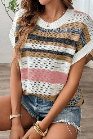 Stripe Color Block Eyelet Knit Short Sleeve Knit Top- Dusty Pink