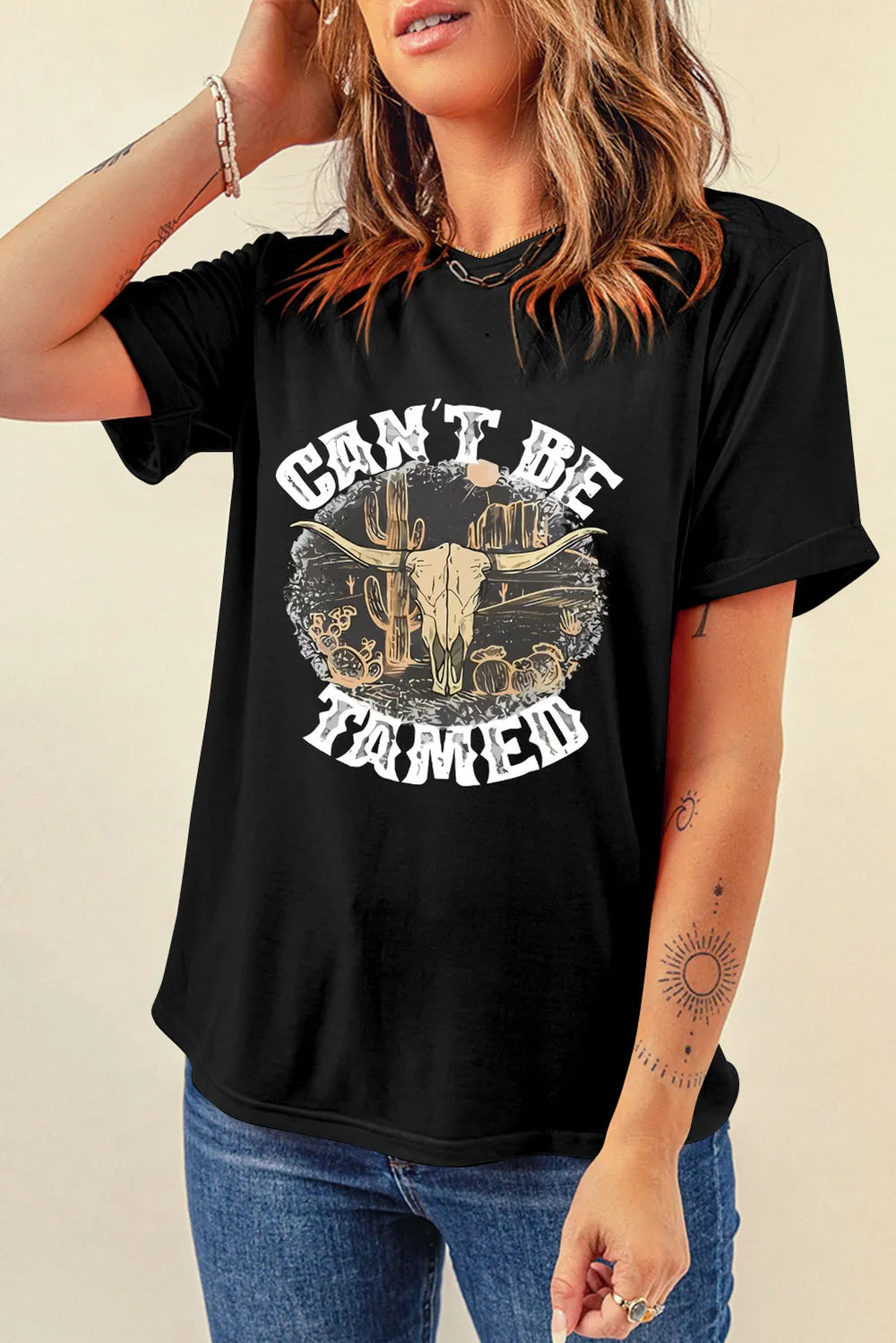 Graphic Round Neck Short Sleeve T-Shirt- Black