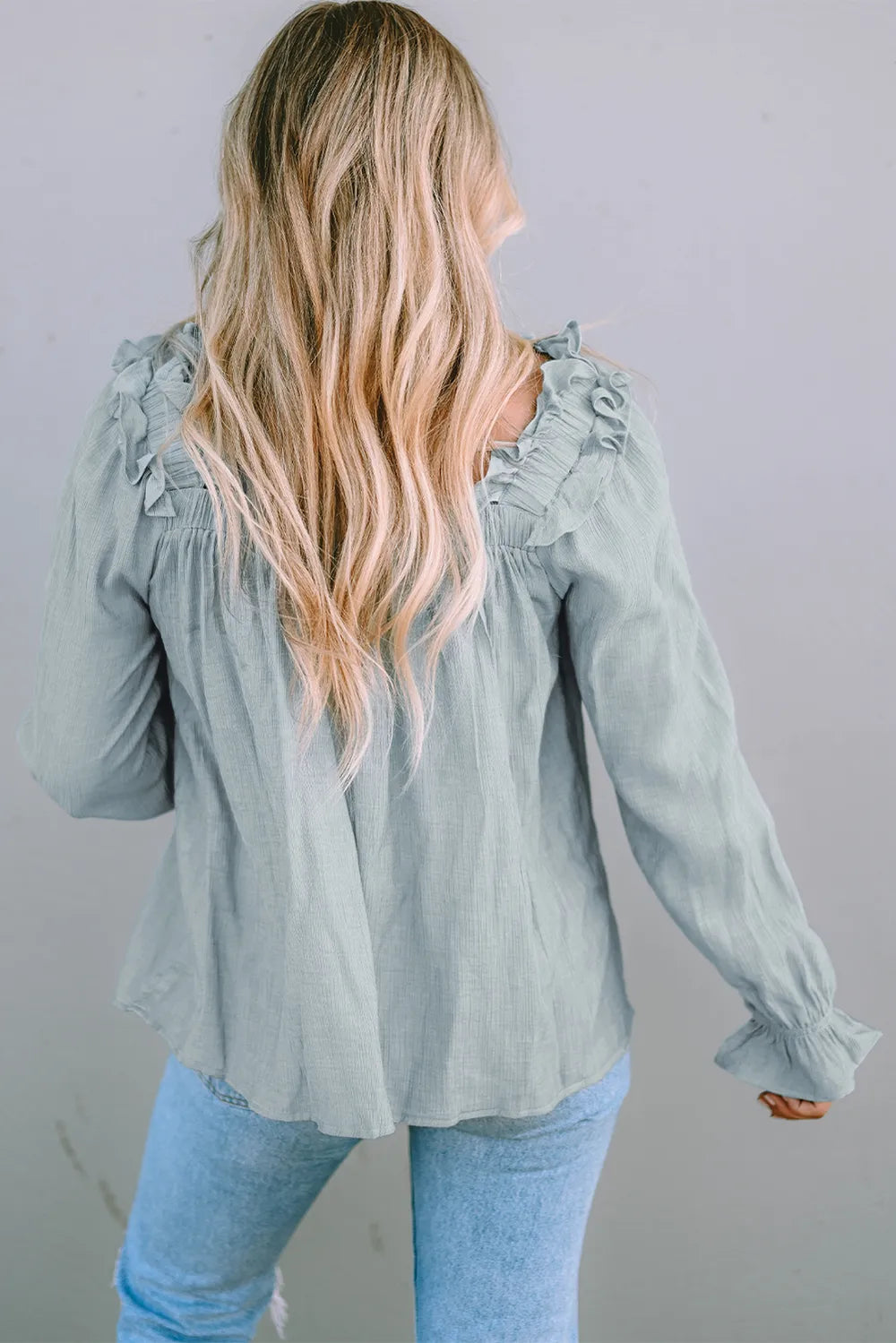 Frill Trim Flounce Sleeve Blouse- Sage