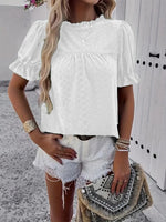 Frill Round Neck Short Sleeve Blouse- White