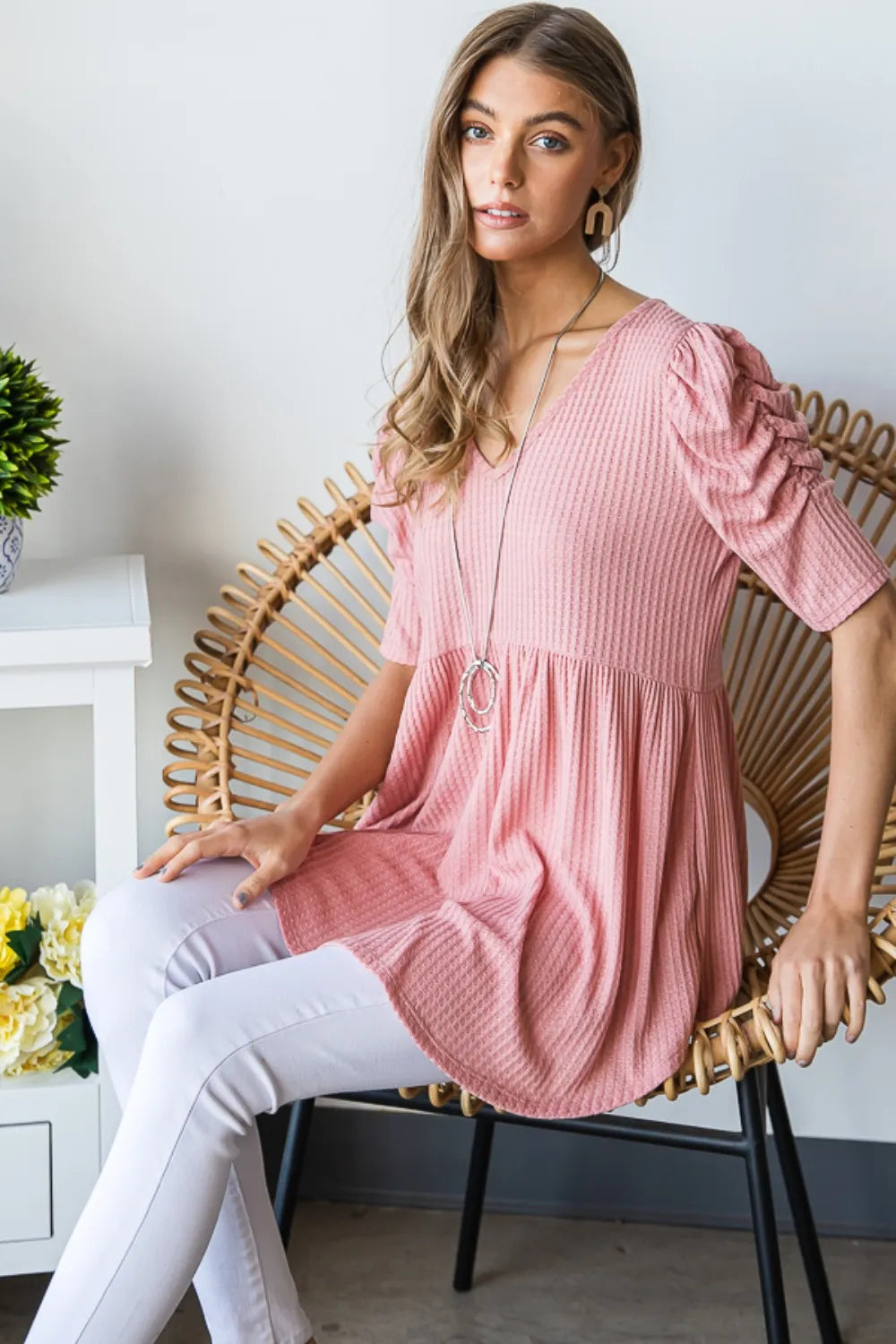 Heimish Full Size Waffle Knit V-Neck Babydoll Top- Rose- Pink