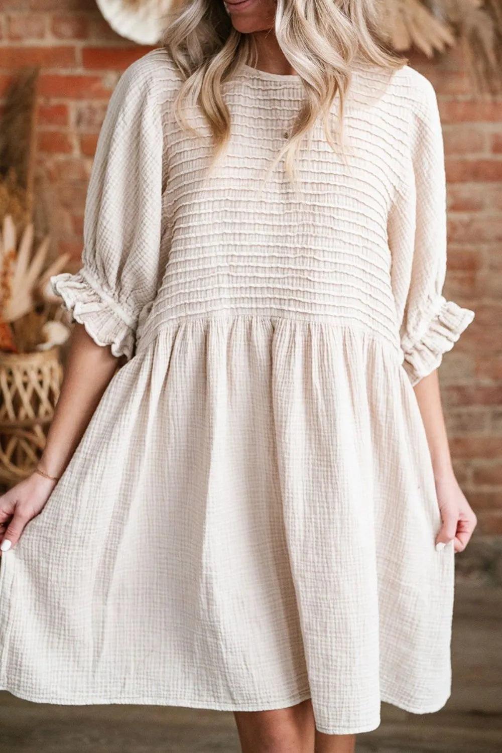 Textured Ruffled Puff Sleeve Loose Dress- Beige- Khaki