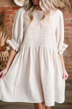 Textured Ruffled Puff Sleeve Loose Dress- Beige- Khaki