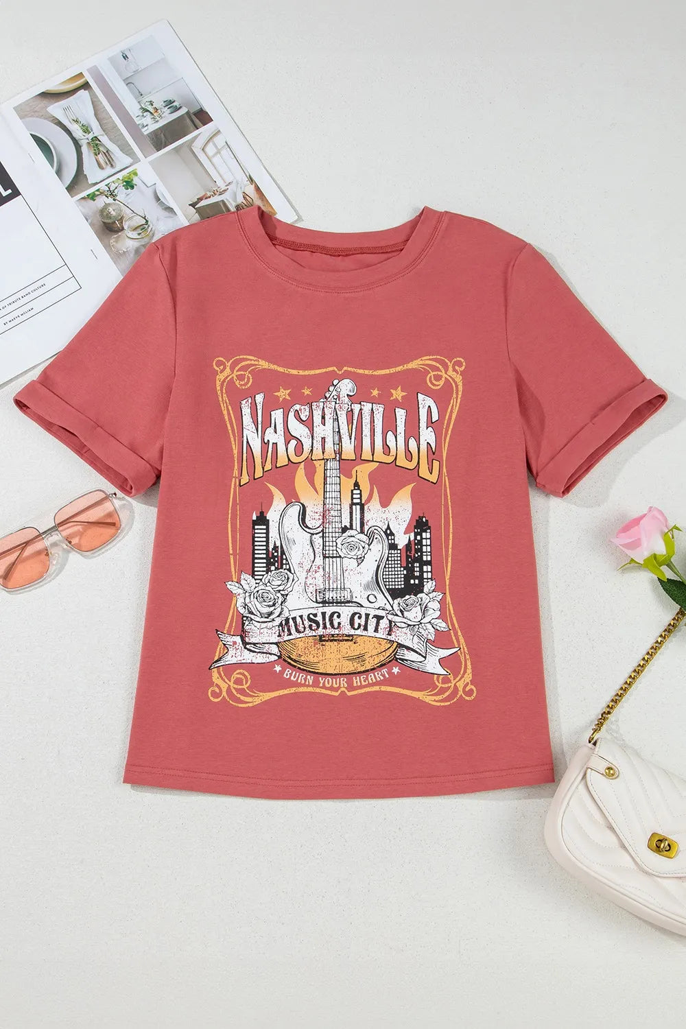 Mineral Nashville Music City Graphic Retro T-Shirt-Burn Coral- Pink