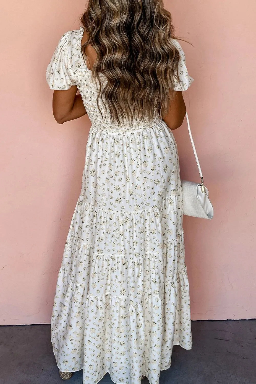Floral Smocked Short Puff Sleeve Maxi Dress- White