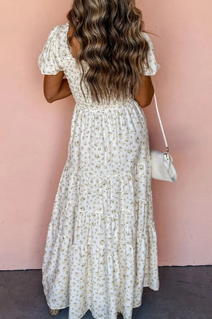 Floral Smocked Short Puff Sleeve Maxi Dress- White