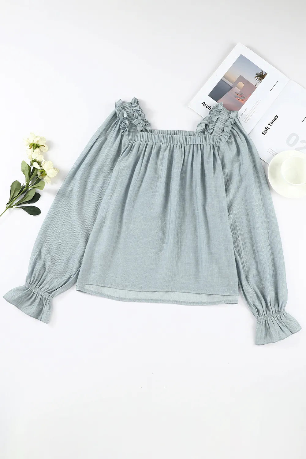 Frill Trim Flounce Sleeve Blouse- Sage