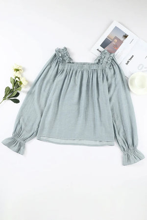 Frill Trim Flounce Sleeve Blouse- Sage