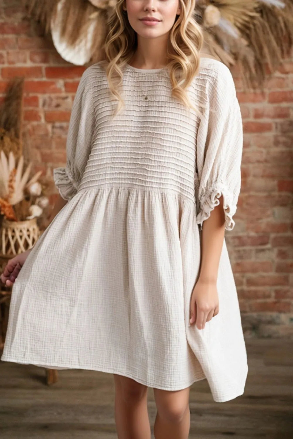 Textured Ruffled Puff Sleeve Loose Dress- Beige- Khaki