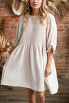 Textured Ruffled Puff Sleeve Loose Dress- Beige- Khaki