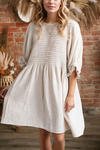 Textured Ruffled Puff Sleeve Loose Dress- Beige- Khaki