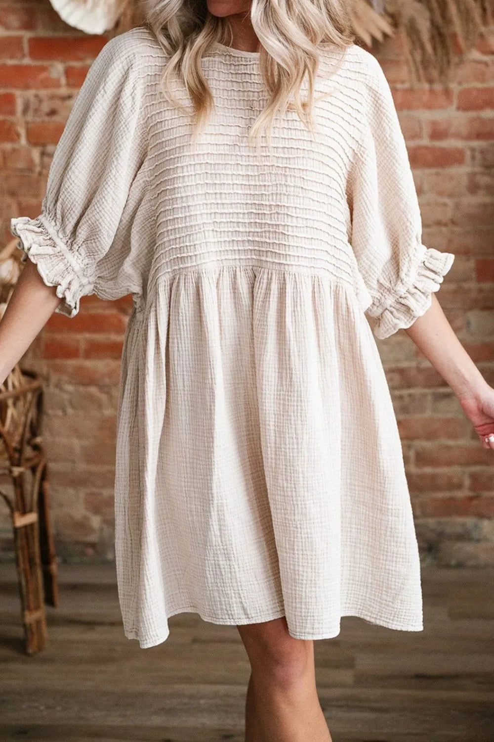 Textured Ruffled Puff Sleeve Loose Dress- Beige- Khaki
