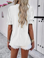 Frill Round Neck Short Sleeve Blouse- White