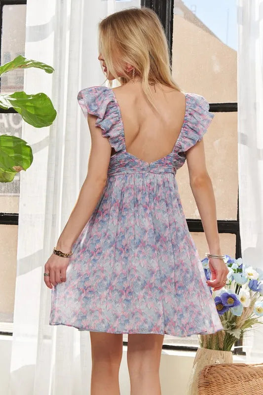 ADORA Watercolor Flower Shirred Tiered Ruffled Blue Dress