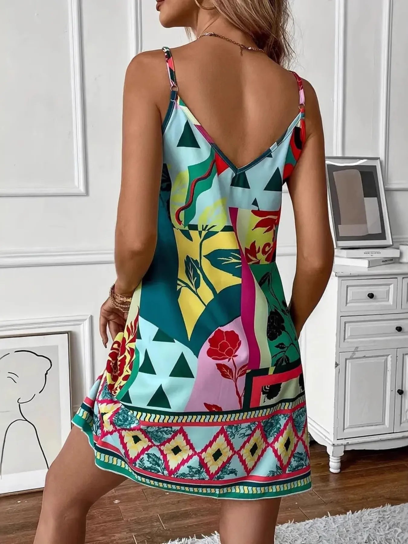 Abstract Print Cami Mini Dress Dark Green
