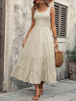 Beige Ivy Lane Smocked Scoop Neck Sleeveless Tank Dress