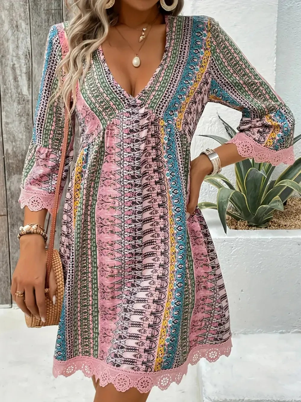 Blush Pink-Lace Trim Printed V-Neck 3/4 Sleeve Dress
