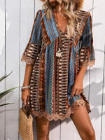 Brown-Lace Trim Printed V-Neck 3/4 Sleeve Dress