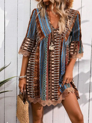 Brown-Lace Trim Printed V-Neck 3/4 Sleeve Dress