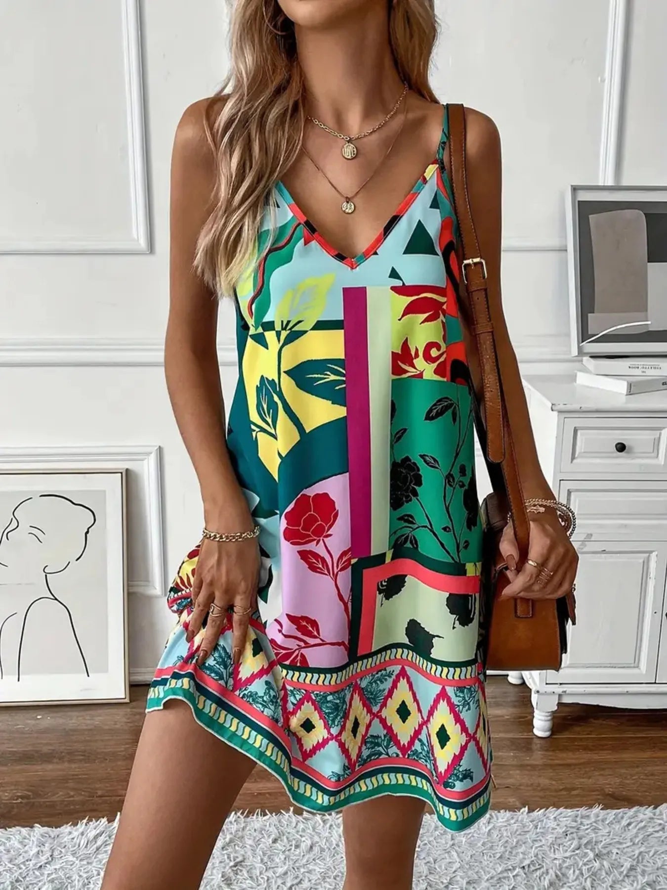 Dark Green Abstract Print Cami Mini Dress 