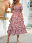 Dusty Pink Floral Square Neck Short Sleeve Tiered Dress