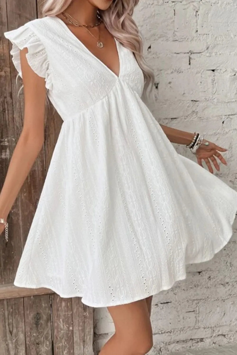 Eyelet Ruffled Cap Sleeve Mini Dress- White-Front