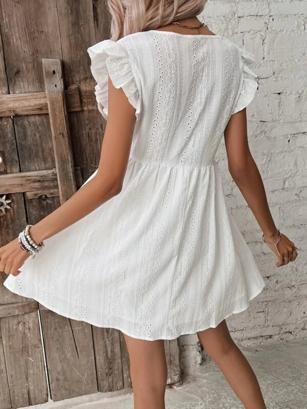 Eyelet Ruffled Cap Sleeve Mini Dress- White