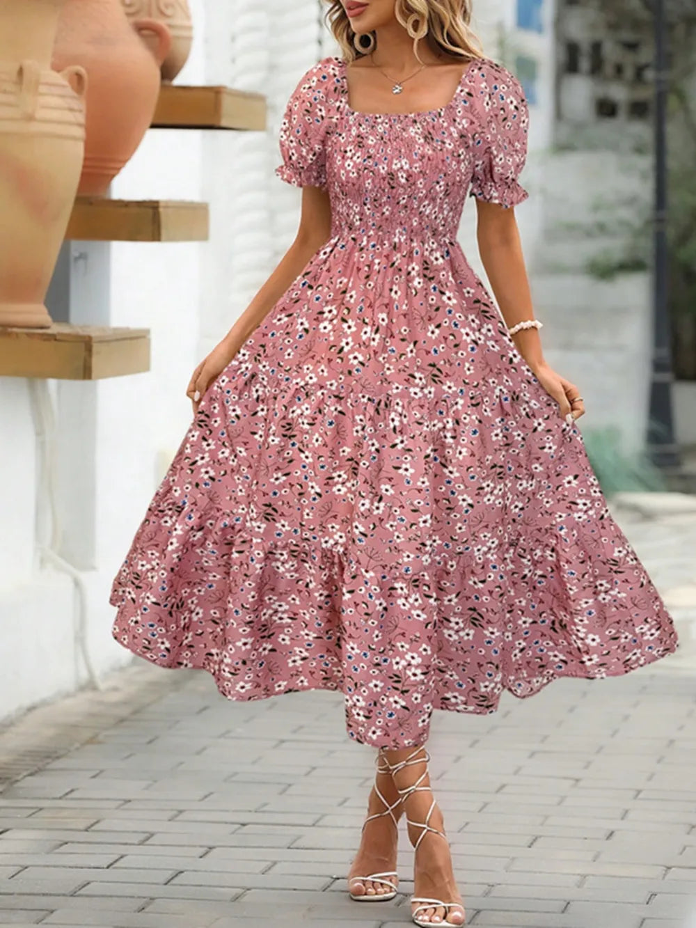 Dusty Pink Floral Square Neck Short Sleeve Tiered Dress