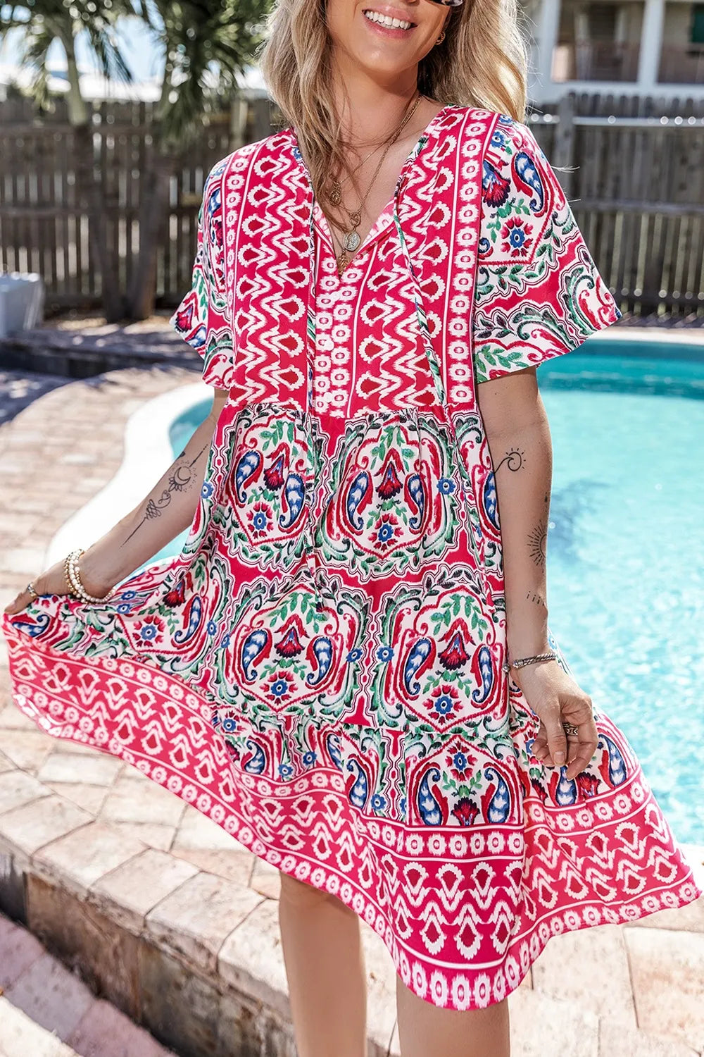 Floral Printed Tie Neck Short Sleeve Dress
