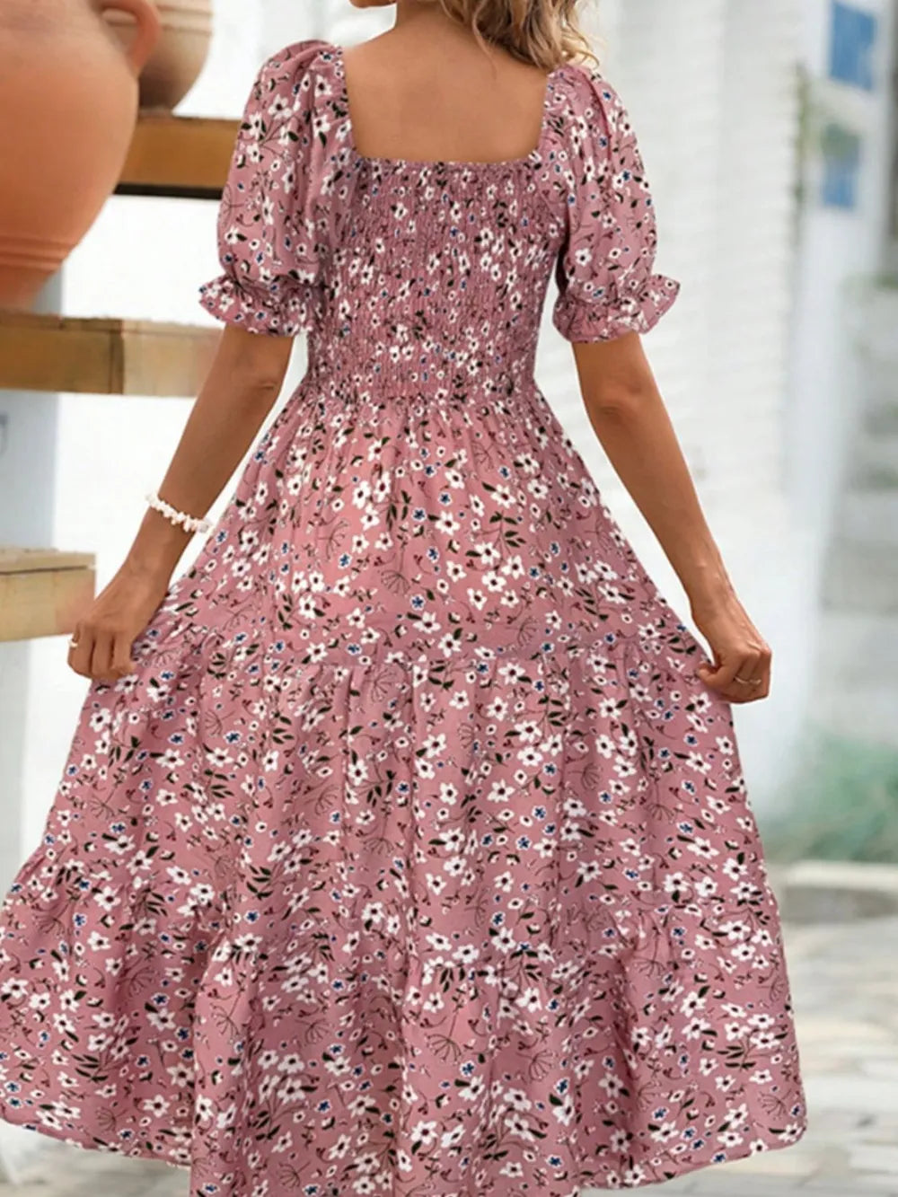 Dusty Pink Floral Square Neck Short Sleeve Tiered Dress