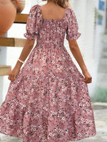 Dusty Pink Floral Square Neck Short Sleeve Tiered Dress