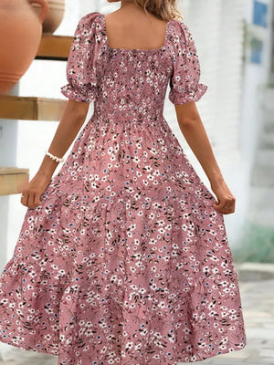 Dusty Pink Floral Square Neck Short Sleeve Tiered Dress