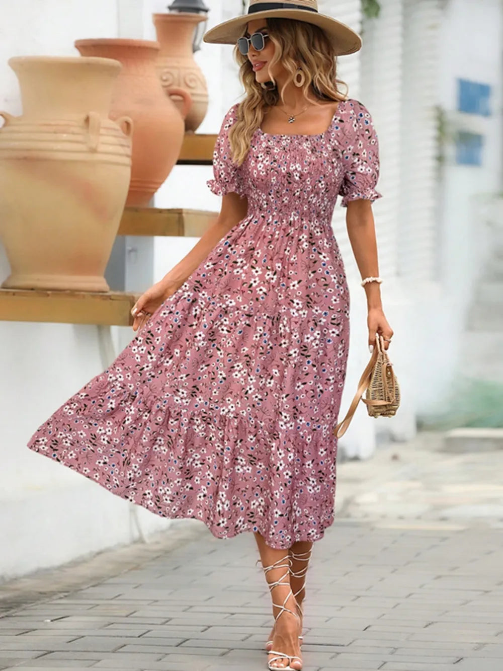 Dusty Pink Floral Square Neck Short Sleeve Tiered Dress
