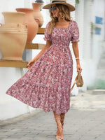 Dusty Pink Floral Square Neck Short Sleeve Tiered Dress