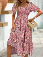 Dusty Pink Floral Square Neck Short Sleeve Tiered Dress