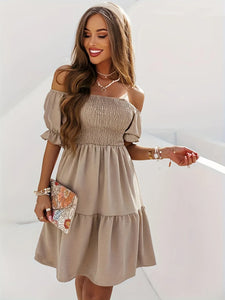 Ruffled Off-Shoulder Short Sleeve Dress-Khaki