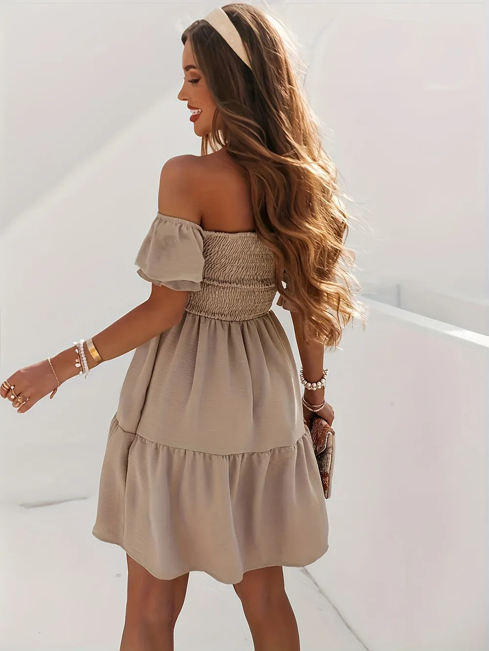 Ruffled Off-Shoulder Short Sleeve Dress-khaki