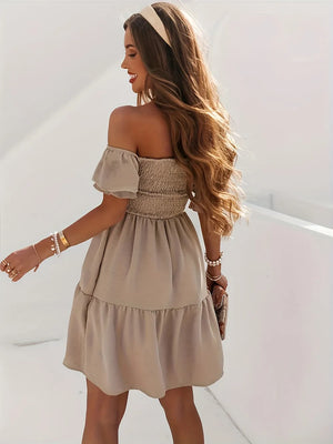 Ruffled Off-Shoulder Short Sleeve Dress-khaki