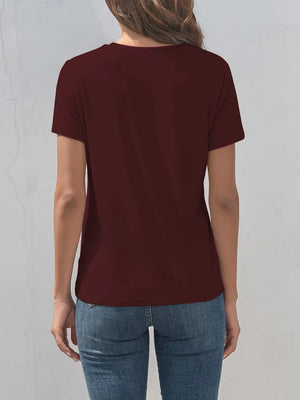 Graphic Round Neck Short Sleeve T-Shirt- Faith Can Move Mountains-Burgundy 