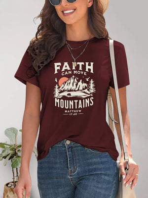 Graphic Round Neck Short Sleeve T-Shirt- Faith Can Move Mountains-Burgundy 
