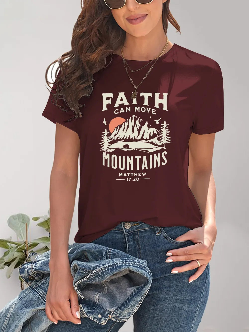 Graphic Round Neck Short Sleeve T-Shirt- Faith Can Move Mountains-Burgundy 