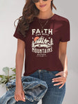 Graphic Round Neck Short Sleeve T-Shirt- Faith Can Move Mountains-Burgundy 
